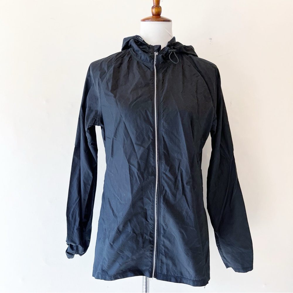 CHAMPION Black Zippered Hooded Windbreaker Rain Wind Running Jacket Size Small